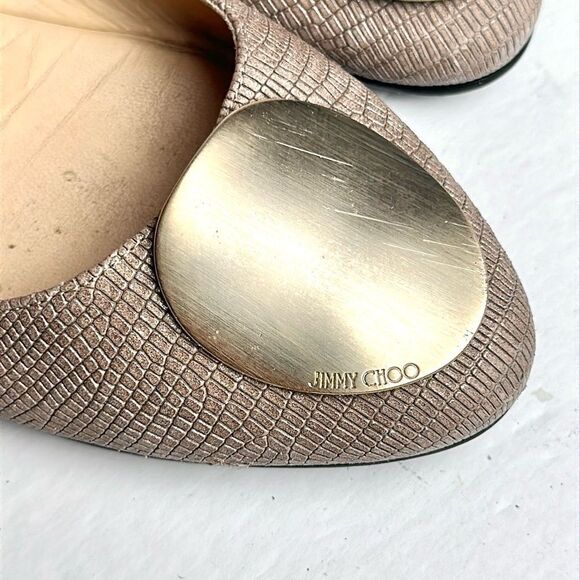 Jimmy Choo WRAY Ballet Flats Printed Leather Nude Gold Logo Medallion Italy US 7 - Picture 5 of 14